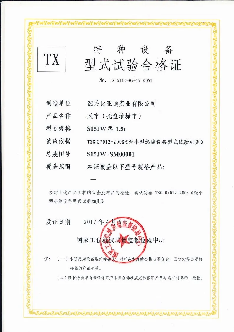 Certificado de prueba de tipo S15JW