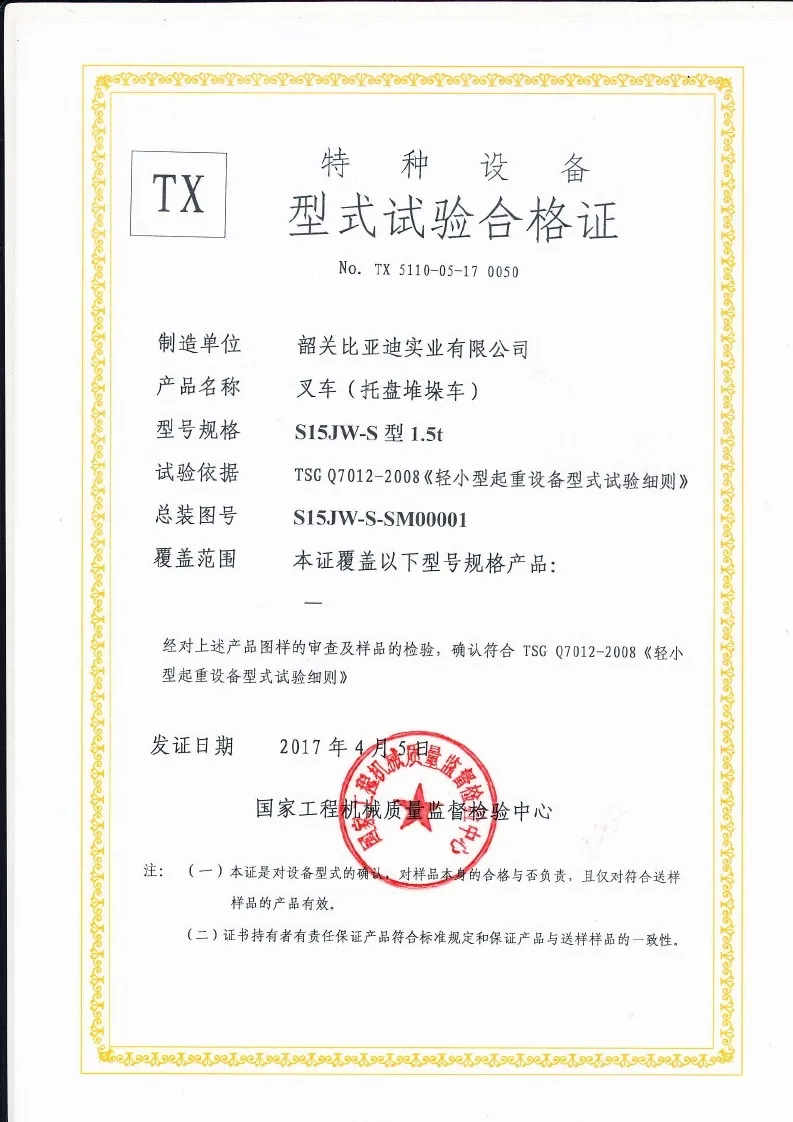 Certificado de prueba de tipo S15JW-S