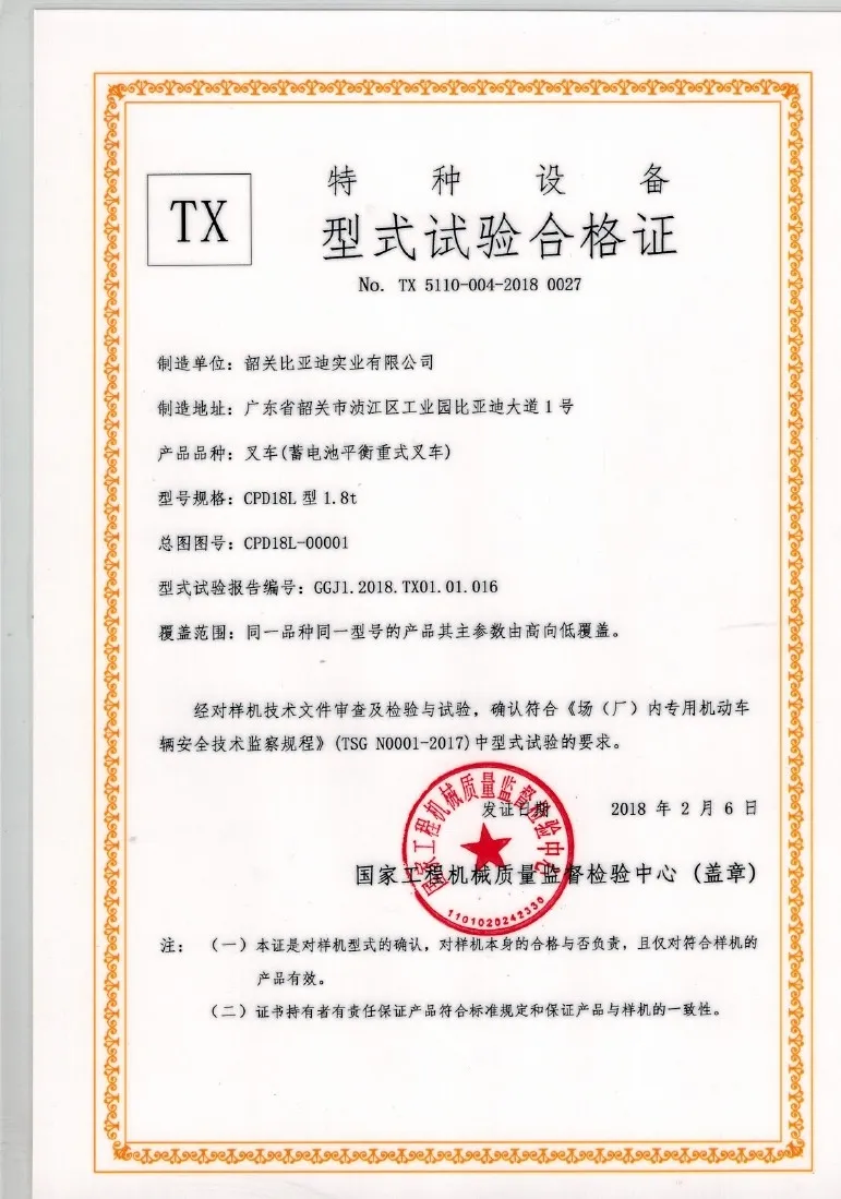 Certificado de prueba de tipo CPD18L 1,8t(Figura1)