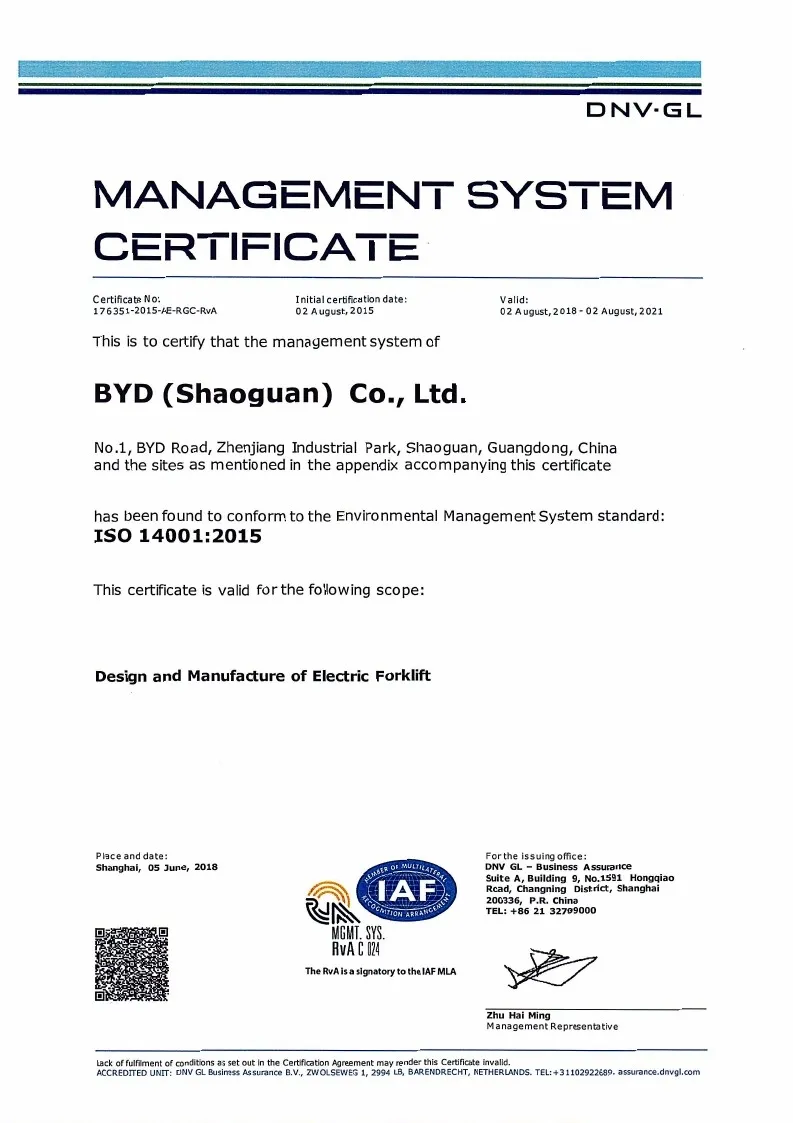 Certificado de Sistema de Gestión de Calidad - ISO14001: 2015 (inglés)(Figura2)