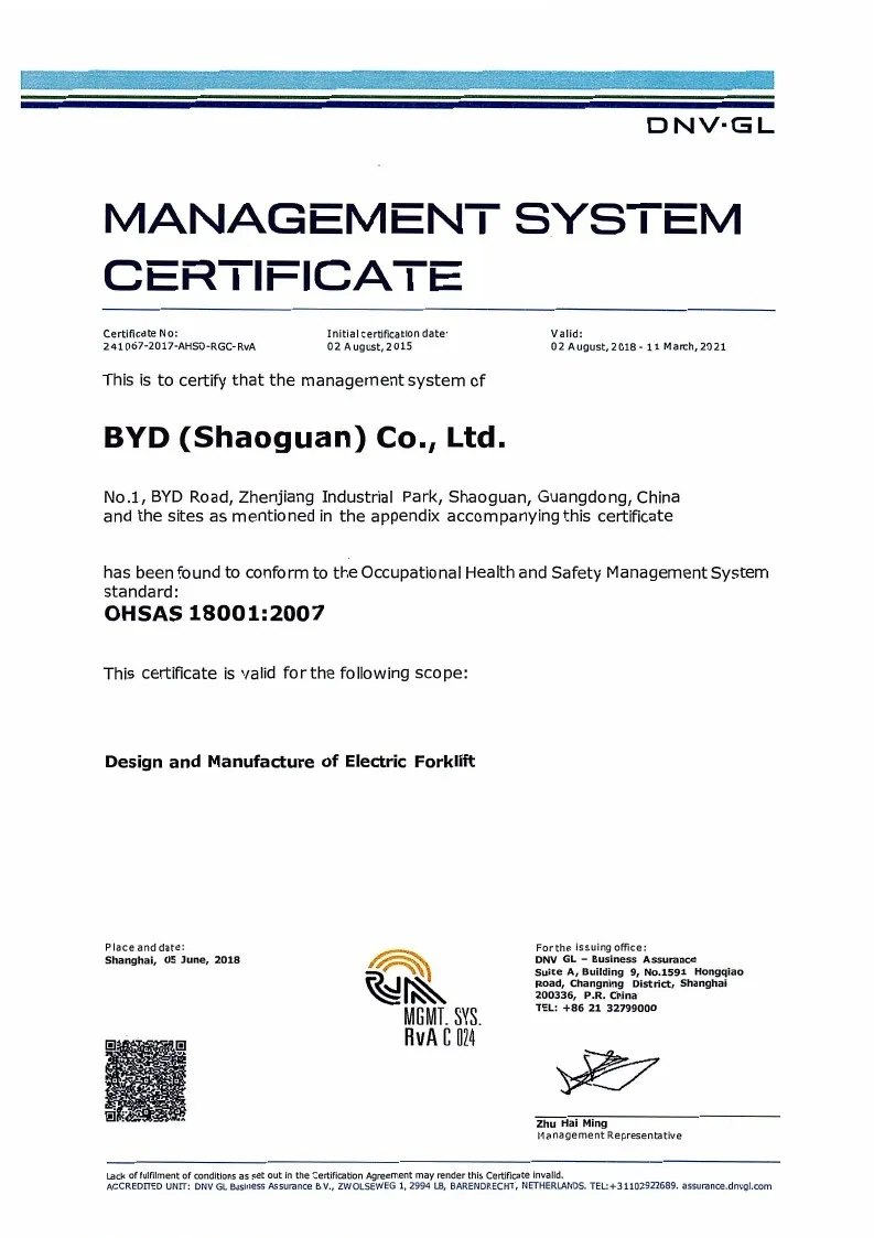 Certificado de Sistema de Gestión de Calidad - OHSAS18001: 2007 (inglés)